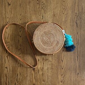Round Woven Straw Crossbody Bag with Tassels